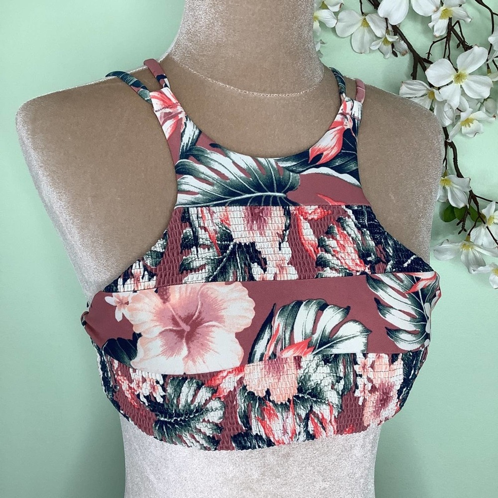 Tori Praver Oaxaca High Neck Smocked Floral Print Bikini Top in Coral Rose